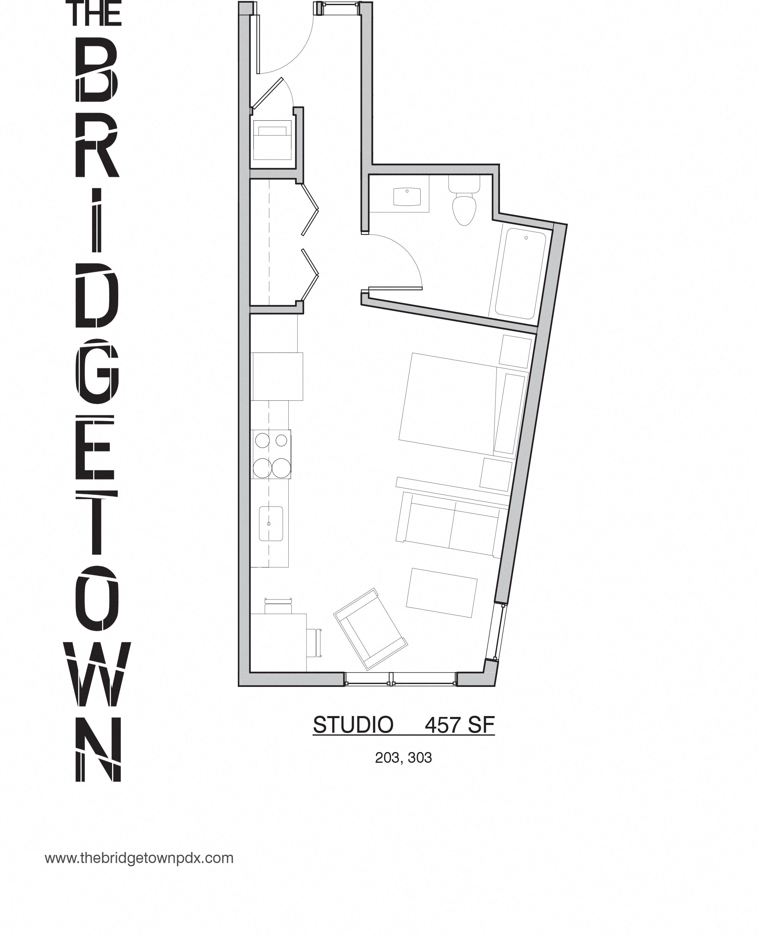Floor plan for studio, 1 bath, 457 sqft